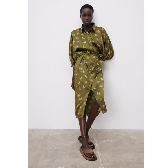 Zara | Dresses | Zara Tiger Printed Green Dress | Poshmark